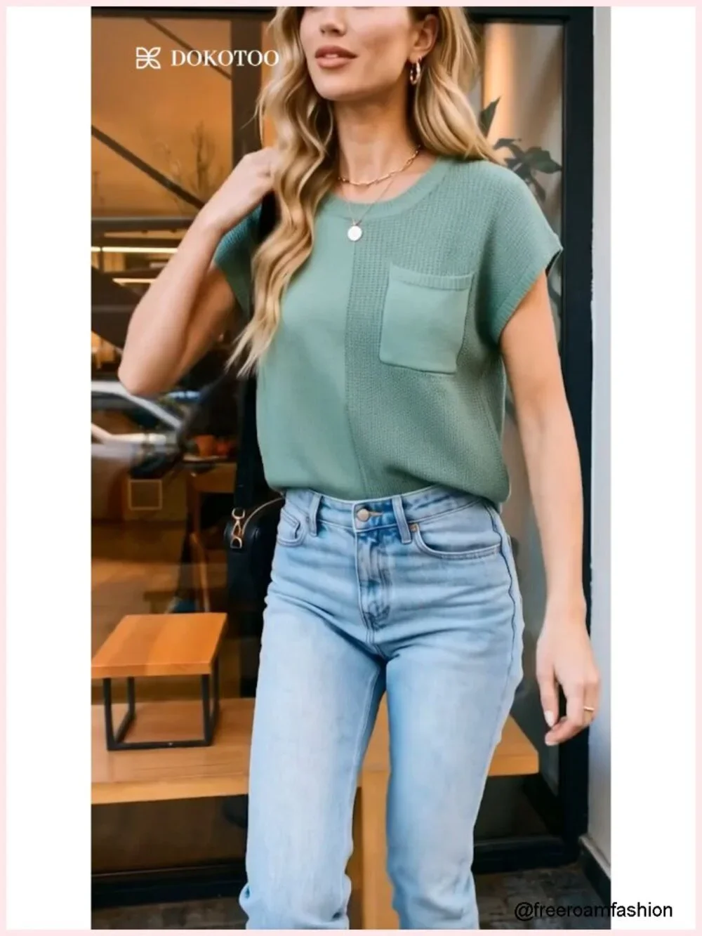 Sleeveless Crewneck Knit Top Cap Sleeve Loose Fit Summer Blouse with Pocket